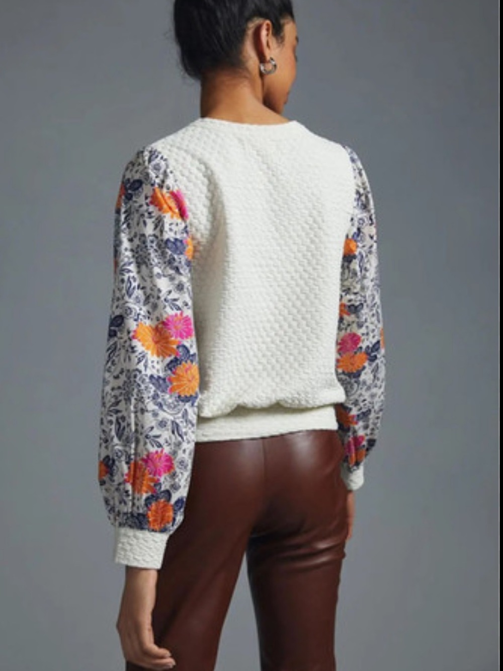 Anthropologie Small Porridge Bubble Jacquard Sweater Top Floral Sleeves